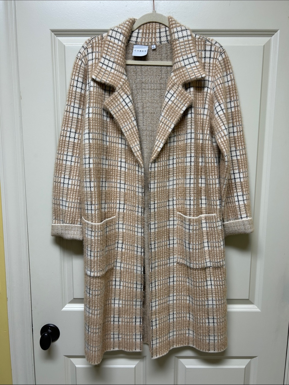 Cyrus Beige Plaid Long Open-Front Trench Coat